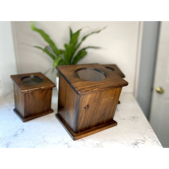 Rare One of a Kind Vintage Wooden Nesting Canisters with Acrylic Top - Set of 3 - Picture 2 of 12